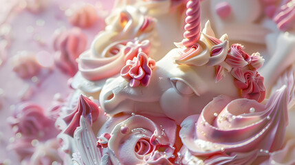 Unicorn birthday cake close up on light.
