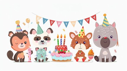Naklejka premium A cartoon illustration of animals celebrating a birthday with a cake.