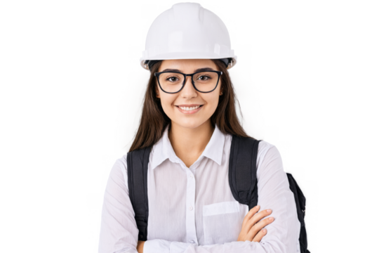 Young architect indian portrait woman wearing white hard hat glasses She standing her arms crossed smiling
