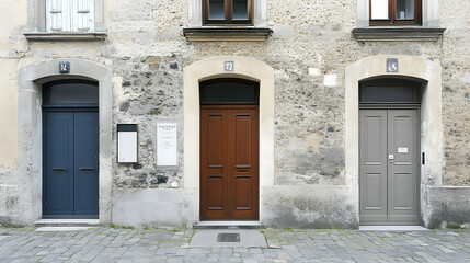 Stone Building Facade with Three Different Colored Doors