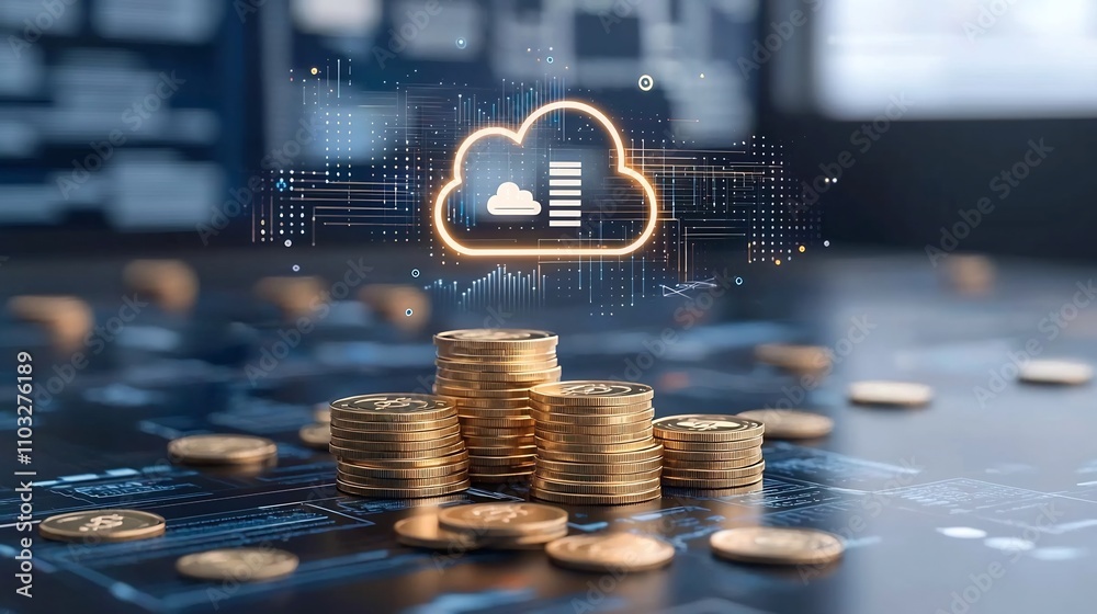 Poster Efficient Cloud Based Financial Management Symbolized by Radiant Golden Coin Pile with Hovering Cloud Symbol Representing Cost Effective Digital Solutions for Business and Investment