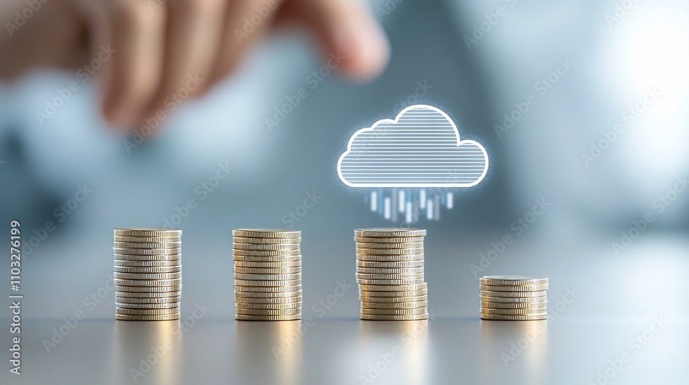 Aufkleber radiant cloud symbol hovers above pile of golden coins symbolizing the financial efficiency and cost