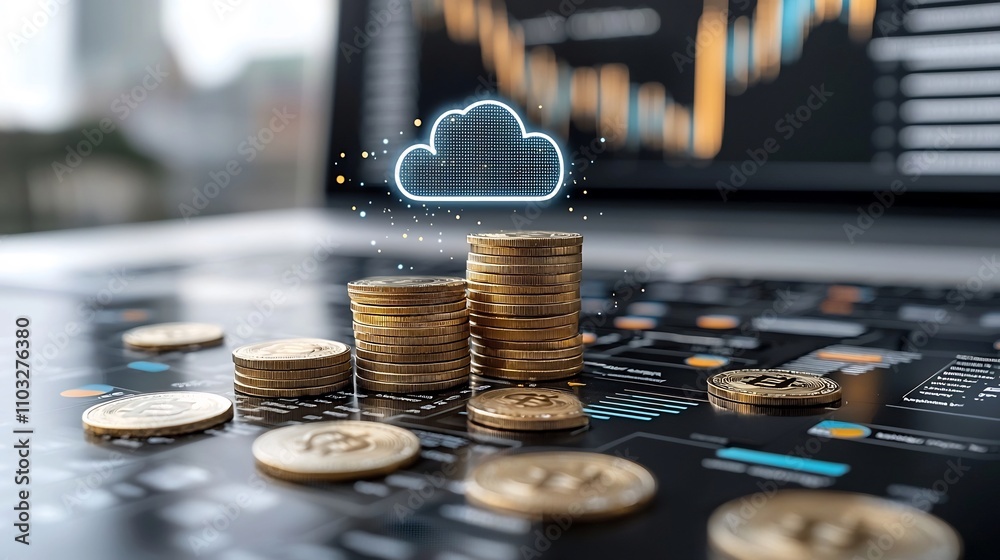 Poster A stack of shimmering golden coins topped by a glowing cloud icon surrounded by captivating holographic and digital effects representing the intersection of finance technology and cloud computing