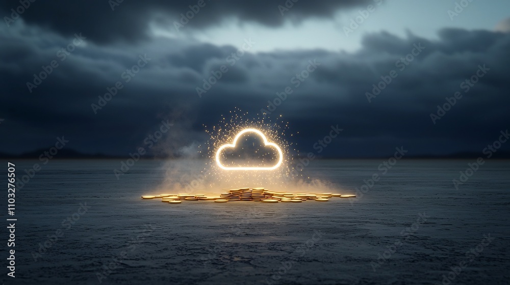 Poster glowing cloud symbol emerging from a pile of golden coins surrounded by a futuristic abstract light 