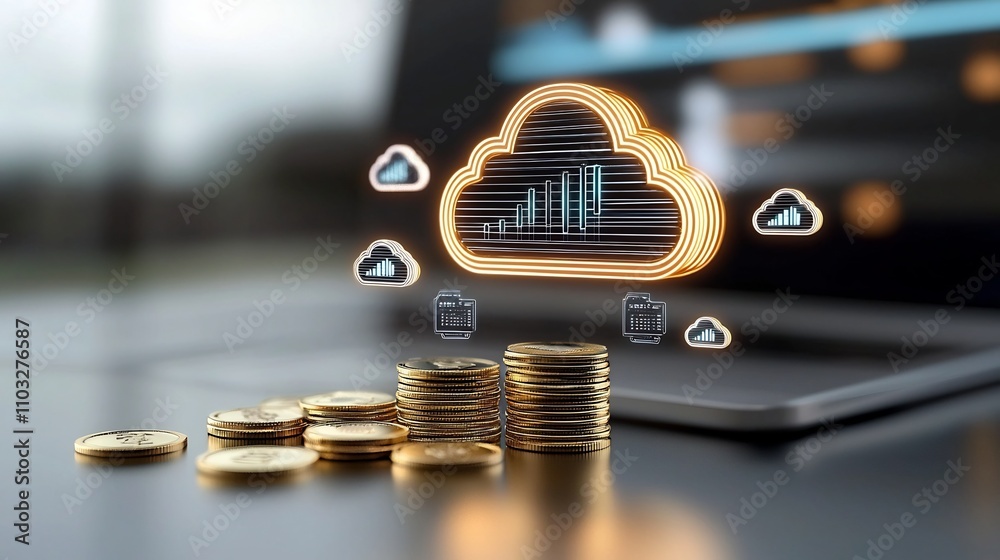 Poster Vibrant Glowing Cloud Symbol Hovering Over a Stack of Golden Coins with Abstract Light Effects Emphasizing Financial Budgeting and Cloud Computing Concepts