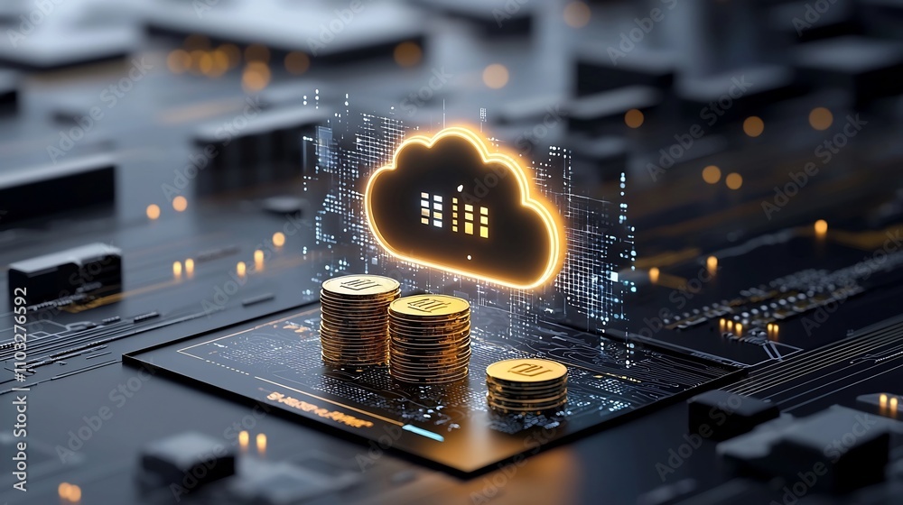 Leinwandbilder Futuristic digital cloud icon glowing on top of a neatly stacked pile of gold coins surrounded by holographic elements symbolizing advanced financial data management and cloud computing technologies