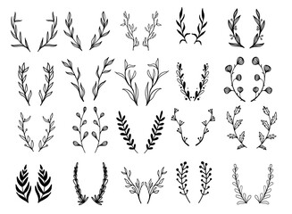 Hand drawn wedding vine flower floral frame in doodle sketch style. Abstract graphic leaf, blossom bud rose daisy eucalyptus set. © Alina Nikitaeva