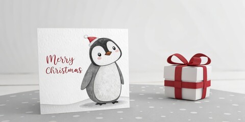 cute penguin and giftbox merry christmas background