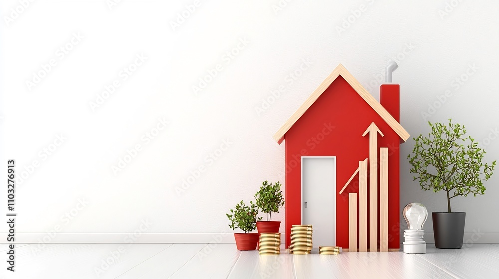 Poster golden arrow pointing upward on a red house model with wooden bars highlighted by warm golden hour l