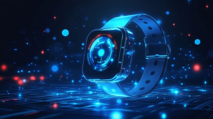 Futuristic Smartwatch with Holographic Interface Glowing in Dark Environment Surrounded by Colorful Light Particles and Data Visualization Elements