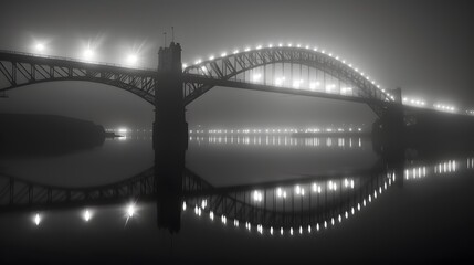 Fototapeta premium Illuminated Bridge Reflecting in Foggy Water at Night