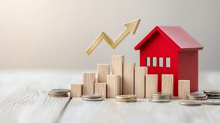 A percent icon and a rising gold arrow on a red house model wooden bars representing growth under the warm glow of golden hour lighting  This image symbolizes financial growth real estate investment