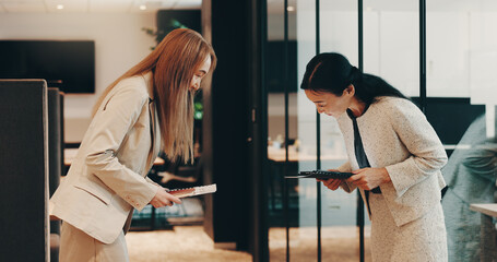 Office, business people and greeting with bow for Japanese culture, partnership and respect for...