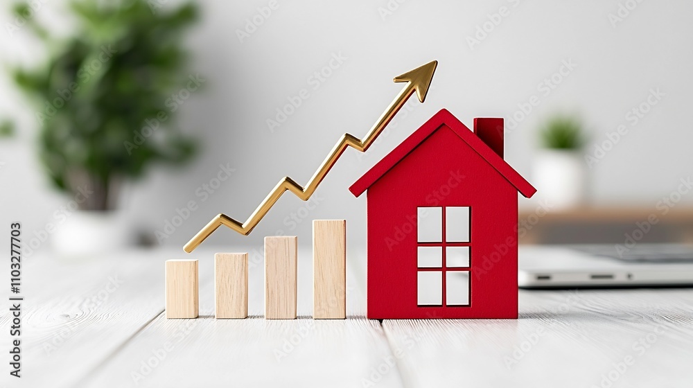 Poster a golden chart arrow climbing upward on a red house model with wooden bars all bathed in the warmth 