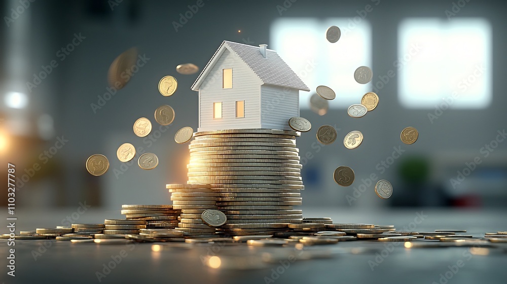Poster Miniature house model atop a stack of coins with falling coins creating a dynamic scene bathed in golden hour lighting representing the concept of home ownership personal finance