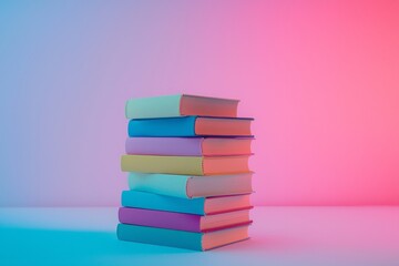 A stack of colorful books on a vibrant gradient pastel background. 