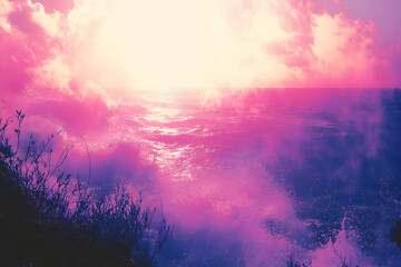 Naklejka premium Pink Ocean Sunset, Dramatic Coastal Scene with Vibrant Hues and Misty Waves at the Horizon