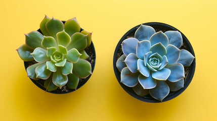 The concept of ecology. View from above on succulent and a similar plastic flower in pots on yellow.