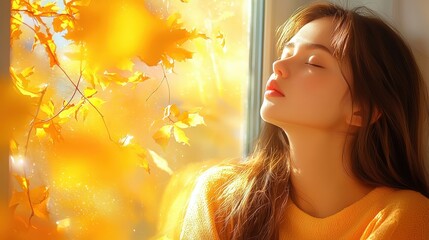 Serene Woman Embracing Autumn Light by Window