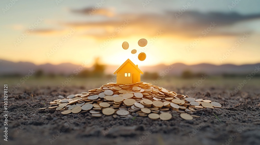 Aufkleber conceptual real estate image depicting a small house model on a pile of glowing motion blurred coins