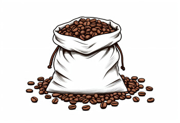 Roasted coffee beans in a sack, simple pencil drawing,  isolated background