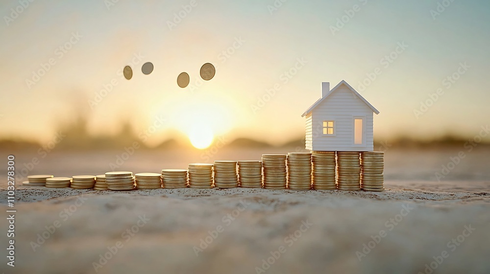 Aufkleber A miniature model of a tiny house perfectly balanced on top of a stack of coins with additional coins falling in the background all illuminated by warm golden hour lighting