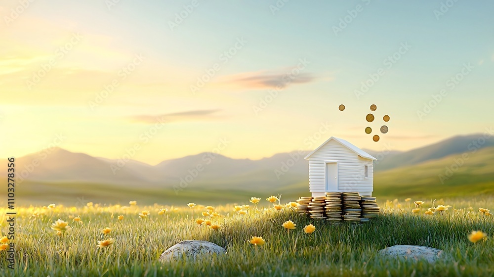 Poster Tiny house model perfectly balanced on top of a stack of coins with coins falling in the background illuminated by warm golden hour lighting
