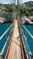 Wooden Bridge Spans Coastal Cliffs, Turquoise Waters