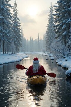 Santa Claus kayaking in winter river surrounded by snowy trees