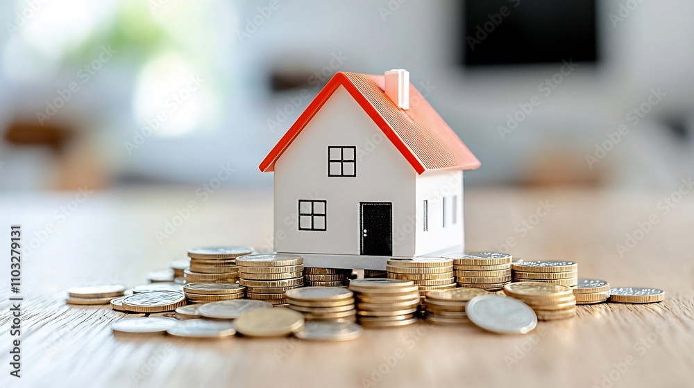 Poster conceptual image of a miniature house placed atop a pile of coins surrounded by a cascading golden l
