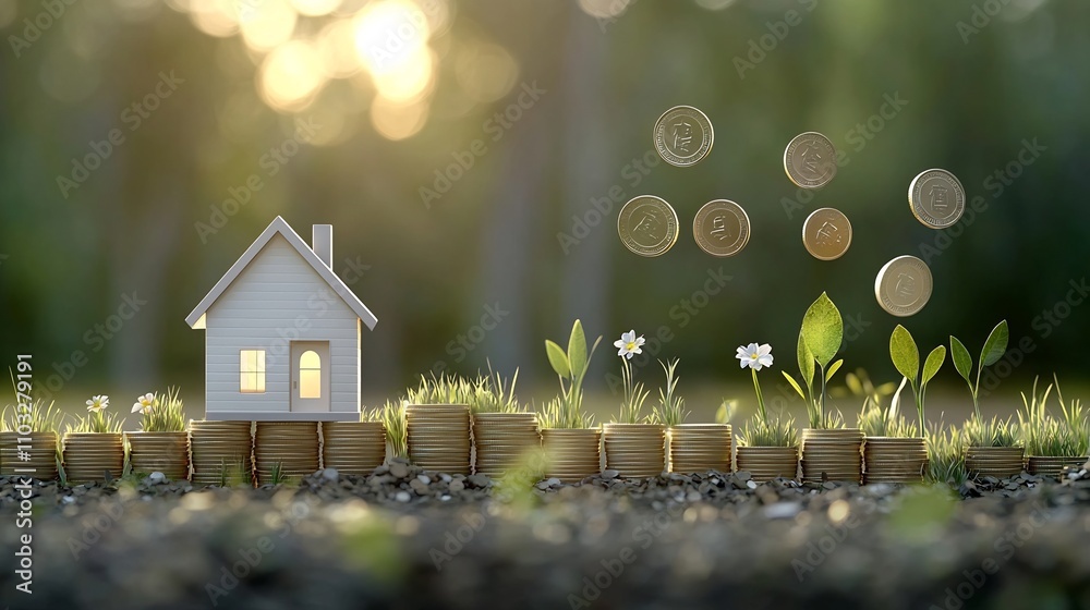 Poster Conceptual image depicting a small model house balancing atop a stack of coins with the coins dynamically falling around it all bathed in a warm glowing golden hour light