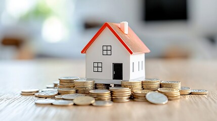 Conceptual image of a miniature house placed atop a pile of coins surrounded by a cascading golden light symbolizing the concepts of mortgage investment and financial growth opportunities