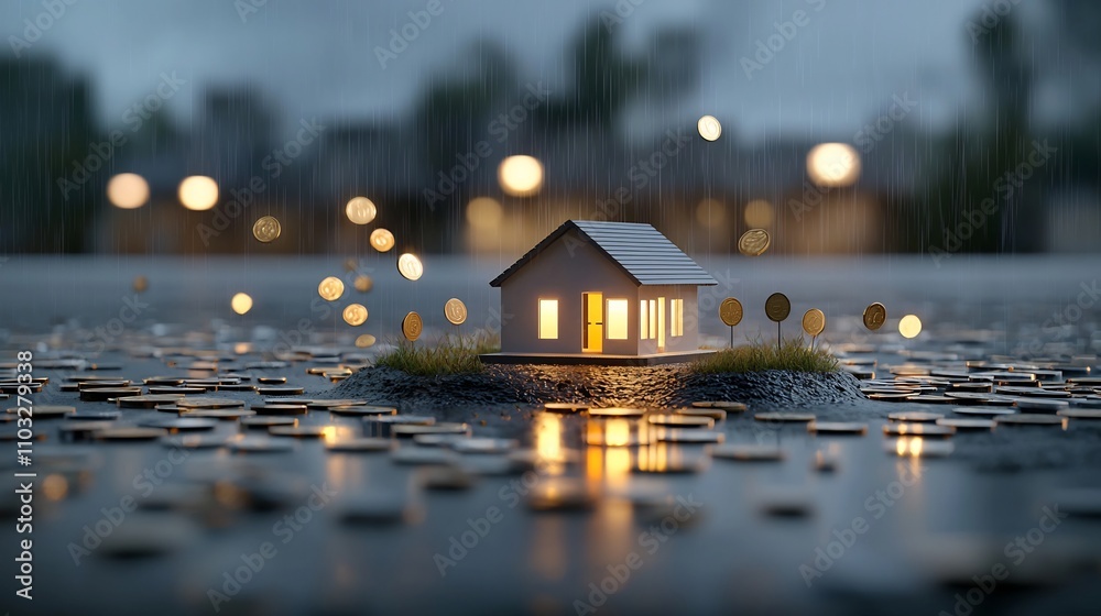Aufkleber conceptual of a real estate investment concept featuring a small model house placed on a stack of co