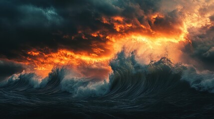 Dramatic Ocean Waves Under Fiery Sunset Sky with Dark Clouds and Turbulent Waters Captivating Nature's Raw Power and Beauty