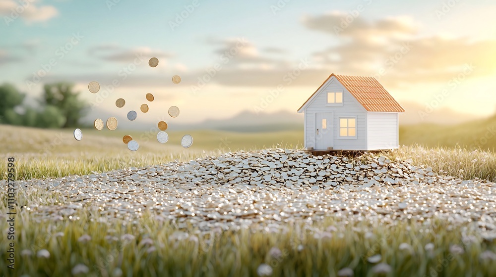 Poster tiny minimalist house resting on a pile of glowing golden coins with dynamic coins falling nearby