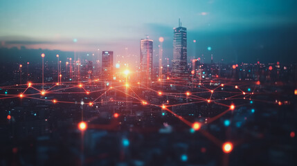 Smart digital city with connection cyber security network reciprocity over the cityscape . future smart wireless digital city and social media networking systems that connects people within the city