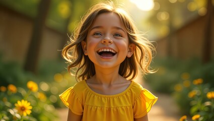 Little girl in yellow blouse smiles widely or laughs, wind blowing her light hair. Close-up portrait against blurred bright yellow-green background of park