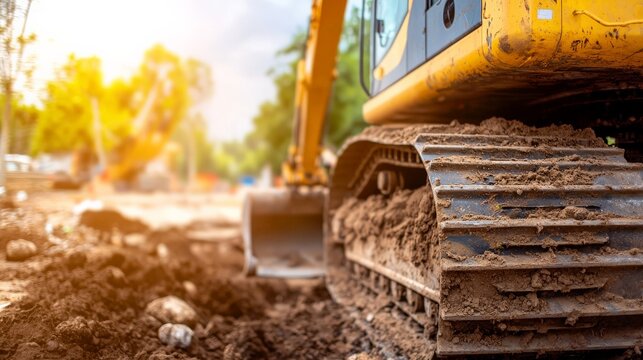 Close-up of the front-end bucket of an excavator working on a construction site, with earthworks and soil-moving in the background.