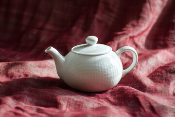 A white ceramic teapot on a textured maroon linen fabric. 