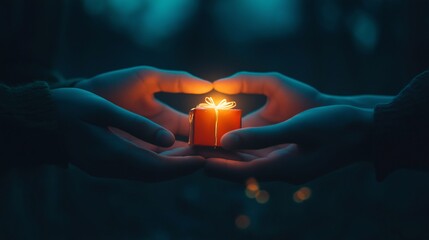A close-up couple's hands exchanging heartfelt illuminated gift on Valentine’s Day holiday at night . Their intimate connection create a romantic and tender atmosphere.