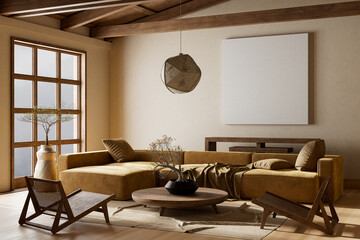 Japanese style interior design with wooden furnitures and raw materials. Mocuk up poster frame in ...