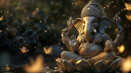 Fototapeta premium Serene Golden Ganesh Statue Surrounded by Soft Glowing Lights and Blooms in a Lush Garden Setting, Representing Peace, Prosperity, and Spirituality