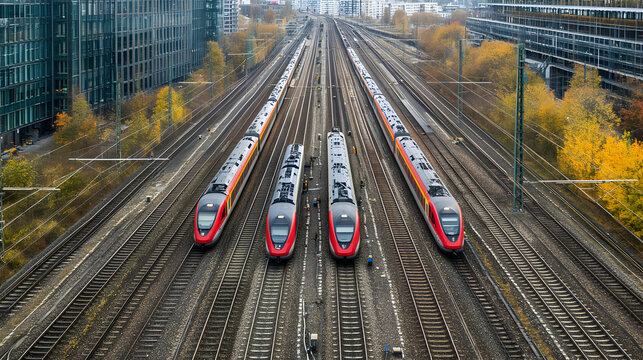 High-Angle View, Four Modern Trains on Parallel Tracks, Autumn Foliage