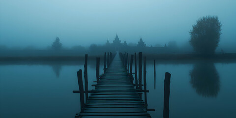 Naklejka premium Misty Morning, Wooden Bridge Leading to Ancient Temple