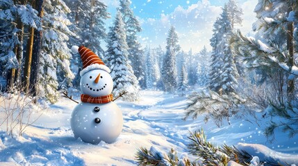 A cheerful snowman in a red and orange hat and scarf stands in a snowy forest with tall pine trees.