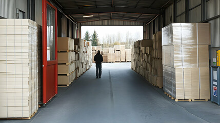 Warehouse Interior, Man Walking Through Cardboard Boxes