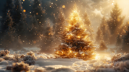 Naklejka premium Golden Glowing Christmas Tree background, illuminated by lights in a Forest, with a magical and peaceful feel 