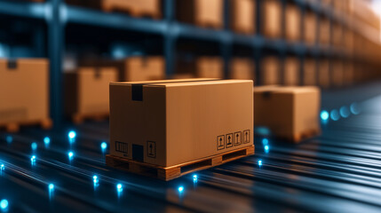 Smooth flow of packaging inventory in a high-tech warehouse, displaying digital systems and optimized stock movement process for e-commerce