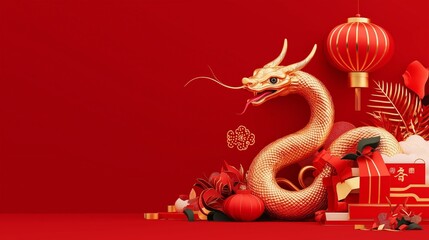 Fototapeta premium Chinese New Year 2025 snake golden red concept. Golden dragon with red decorations on festive background.