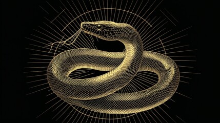 Obraz premium Chinese New Year 2025 snake golden red concept. Golden snake illustration on a dark background with geometric accents.